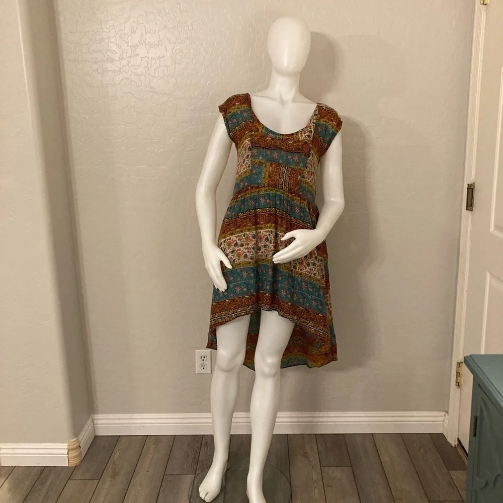 Free People Short Sleeve Coastal Tectonics Dress Boho High Low Sheer Overlay XS